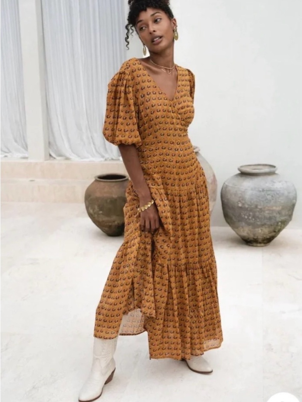 Daughters of India Mustard Floral V-Neck Tiered Maxi Dress